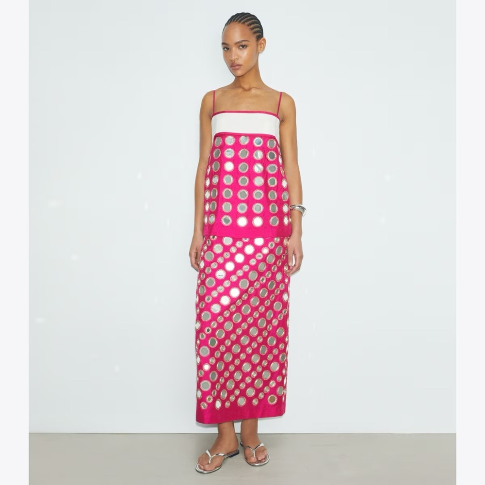 NWT Tory Burch LAYERED HAND-DONE MIRRORWORK DRESS in Bold Pink Sz 00